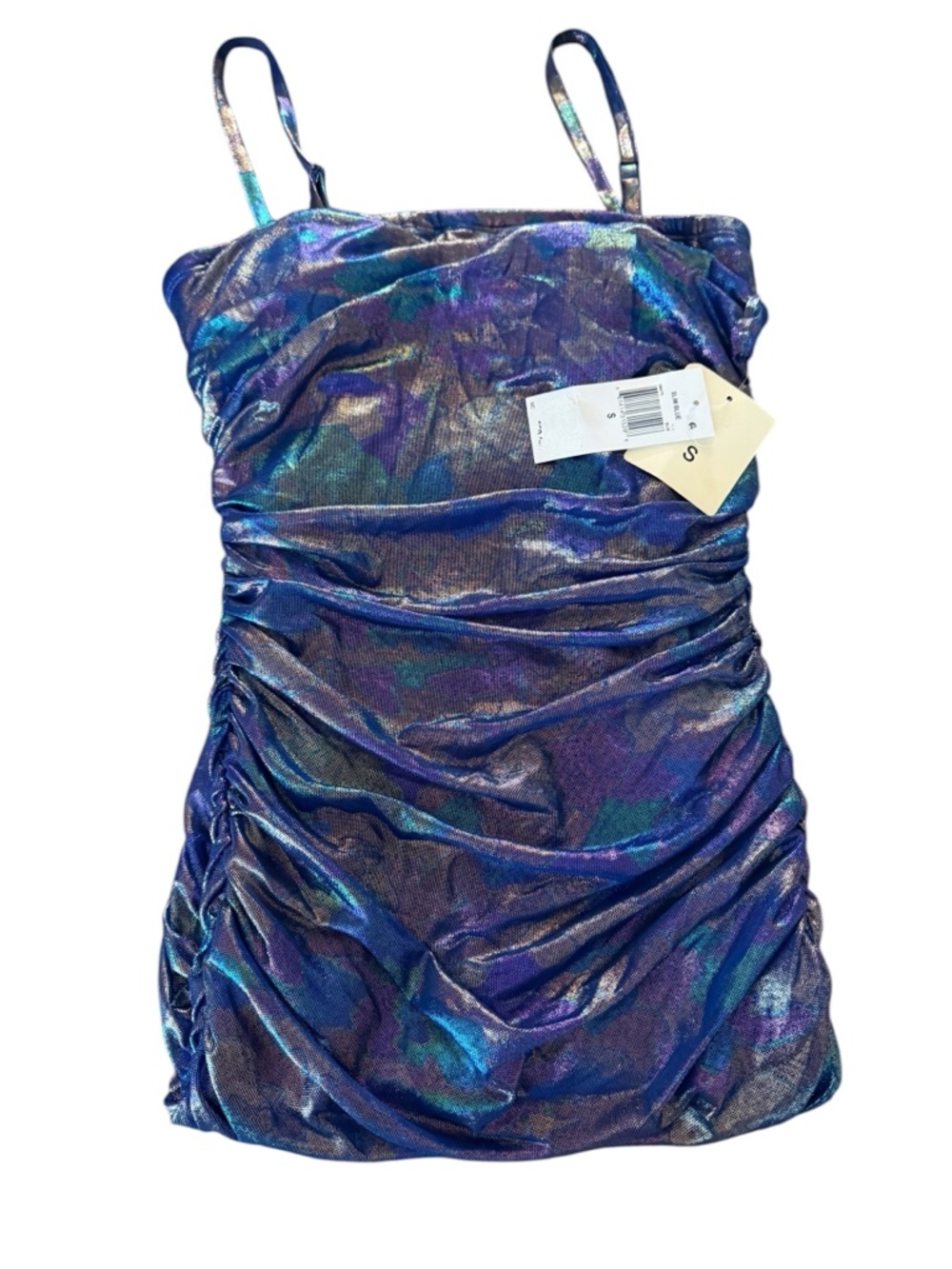 Pear Culture NWT Blue Ruched Bodycon Party Midi Dress Straight Neck Size Small - Picture 6 of 9